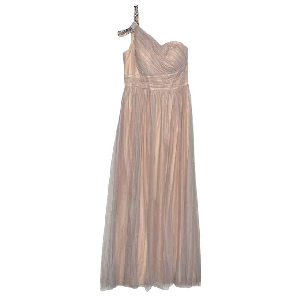 Christina Wu Formal Dress Prom Gown One Shoulder Tulle Maxi Champagne Silver 14